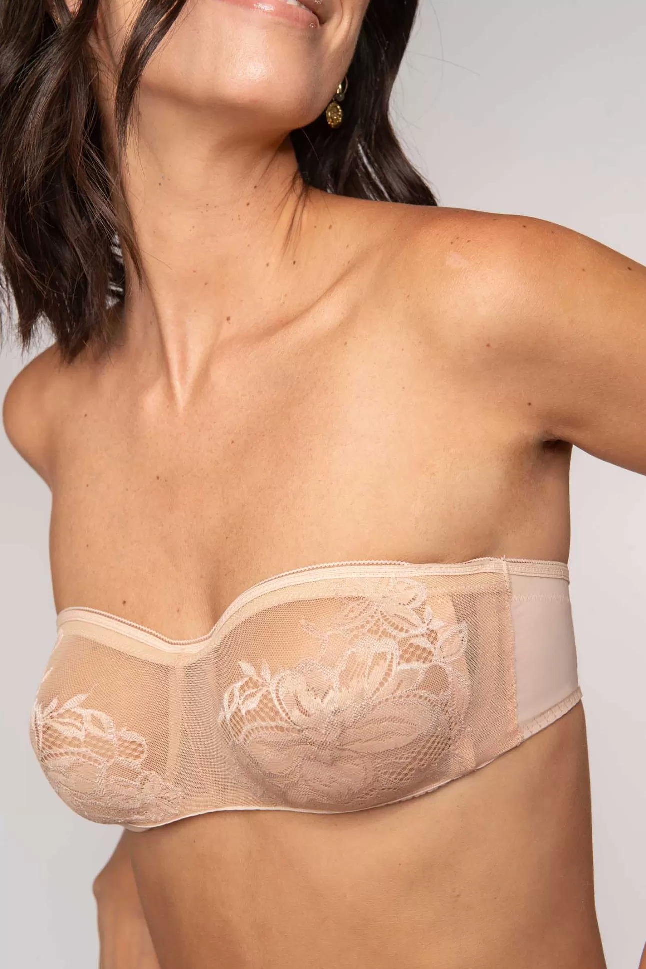 Maison Lejaby Avec Armatures*Soutien-Gorge Bandeau Avec Armatures Rose Fum En Dentelle Moul E Rose Fume