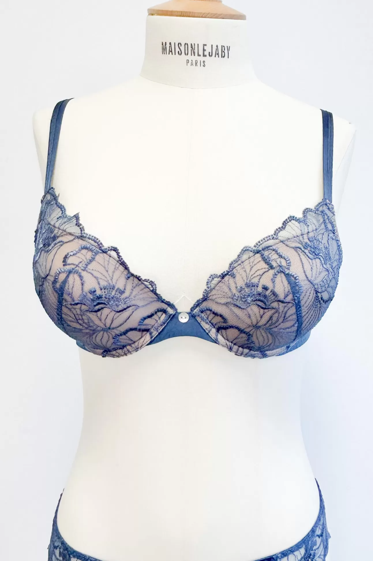 Maison Lejaby Flora*Soutien-Gorge Push-Up En Broderie Suisse Bleu Bleu Stone